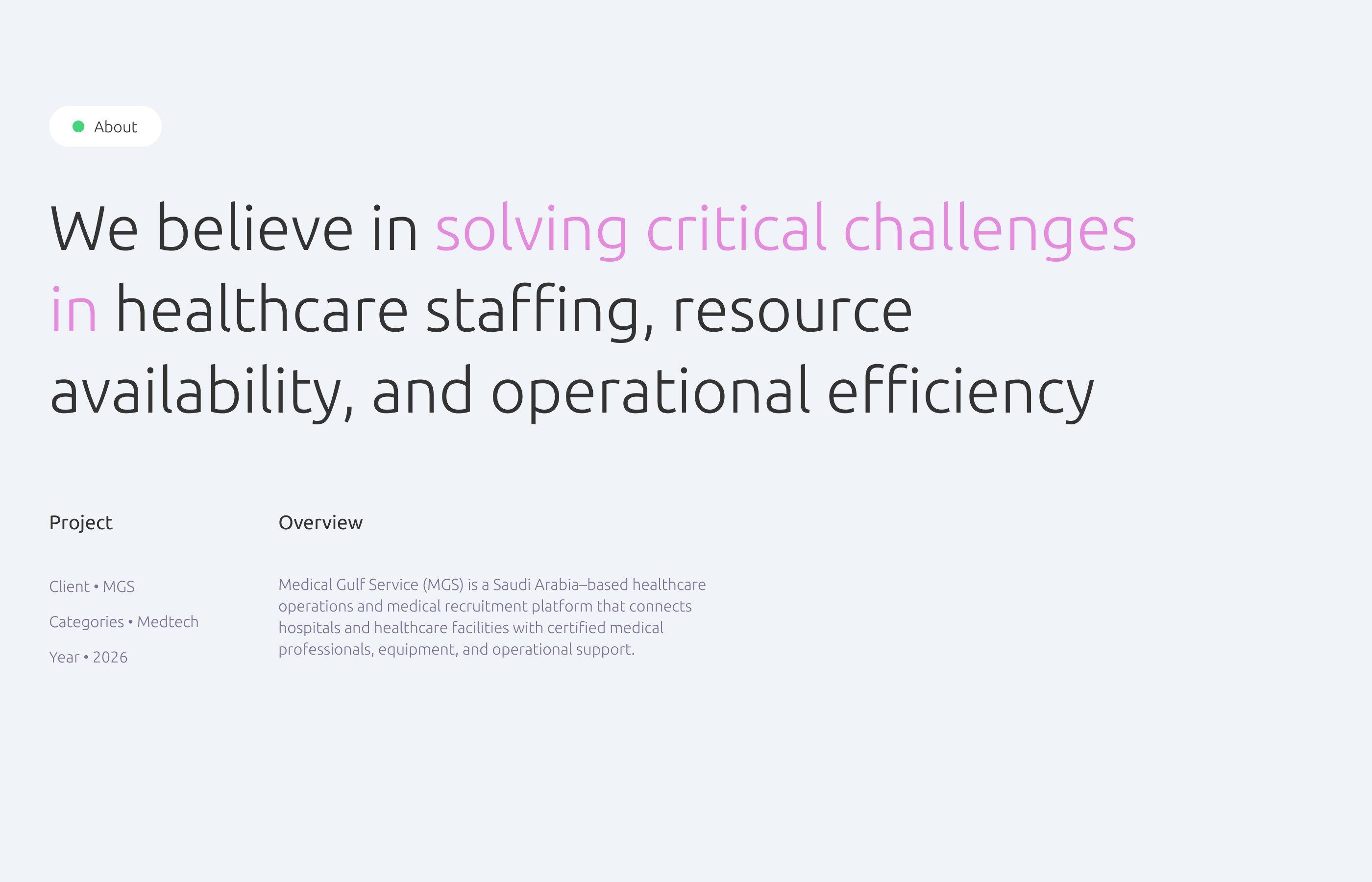 MGS project overview for Medical Gulf Service healthcare staffing platform