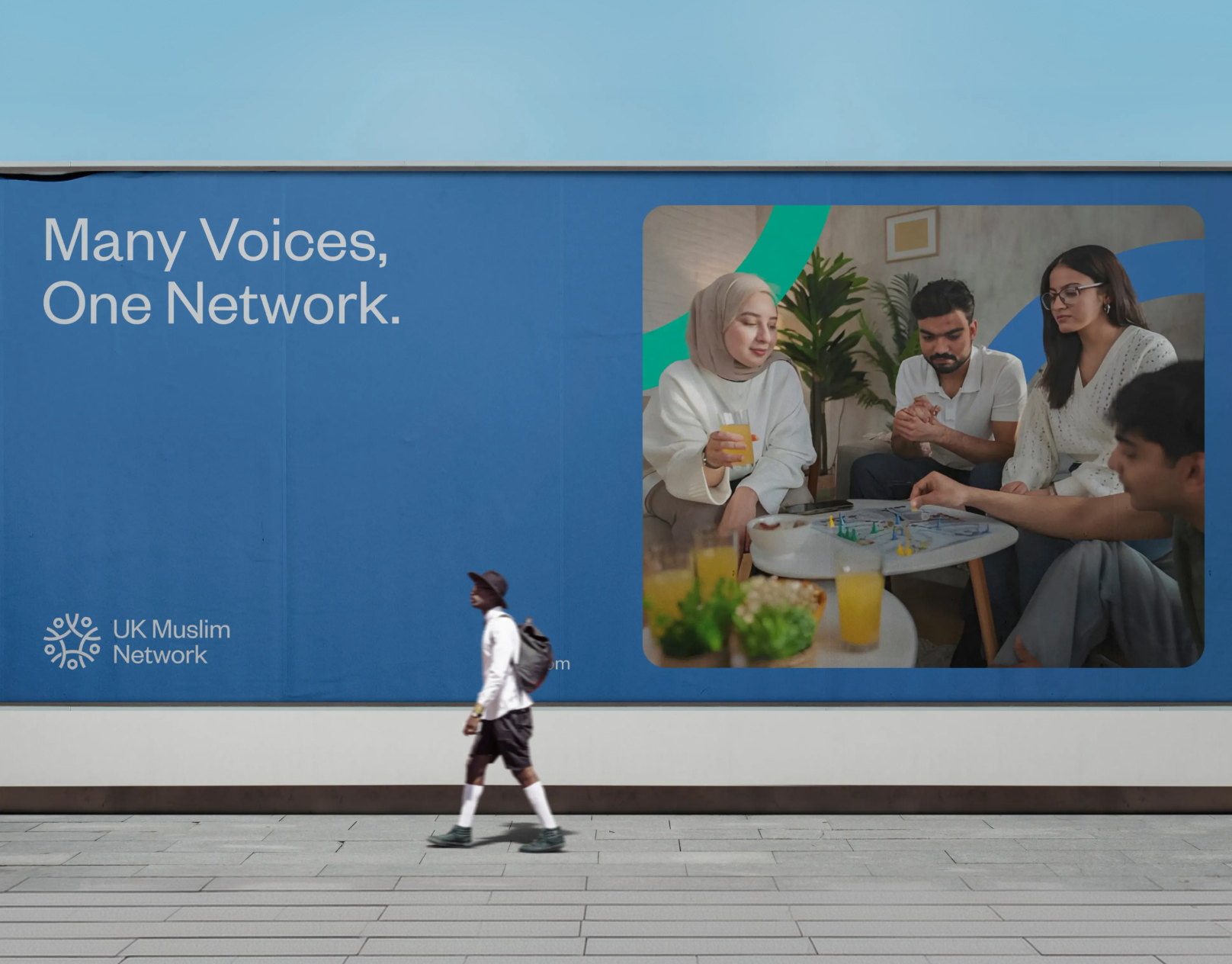 UK Muslim Network outdoor billboard with the campaign line Many Voices, One Network